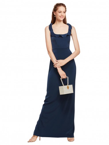 Best Scoop Neck with Ruffles Long Crepe Prom Dress with Back Slit