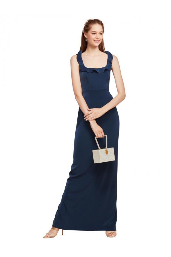Best Scoop Neck with Ruffles Long Crepe Prom Dress with Back Slit