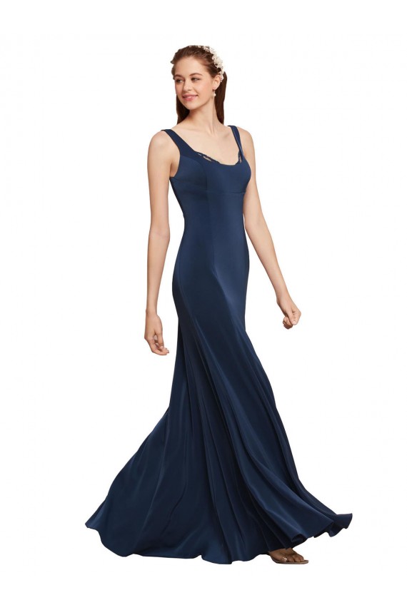 Best Fit and Flare Long Crepe Prom Dress with Round Neck