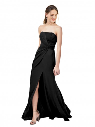 Best Strapless Fit and Flare Long Crepe Prom Dress with Knot and Slit