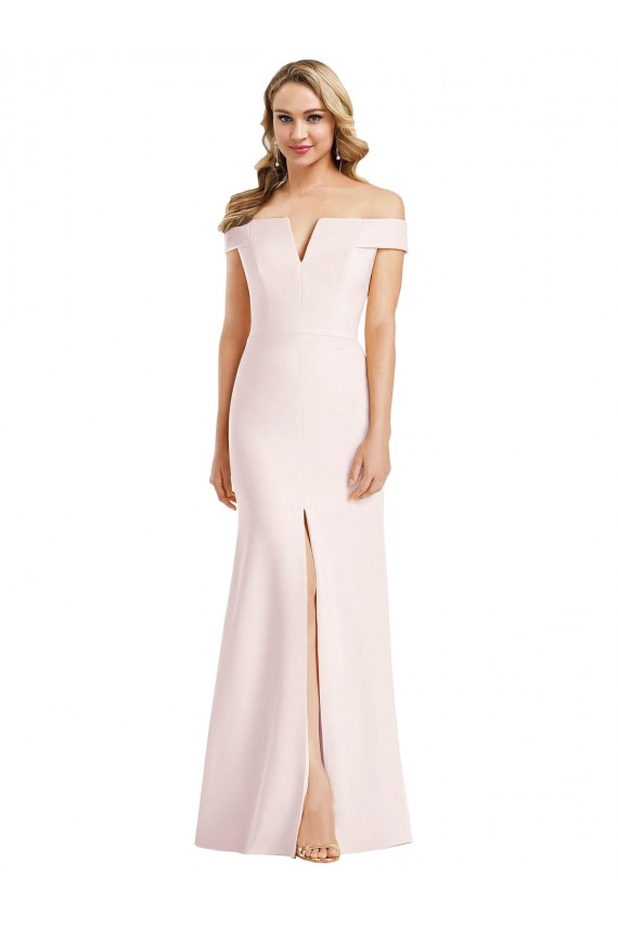 Best Off the Shoulder Notch Trumpet Crepe Prom Dress with Front Slit