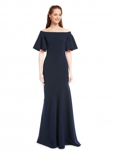 Best Off the Shoulder Crepe Prom Dress with Short Ruffle Sleeves.