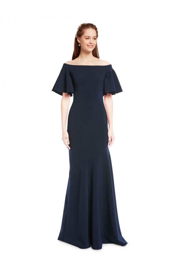 Best Off the Shoulder Crepe Prom Dress with Short Ruffle Sleeves.