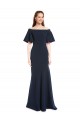Best Off the Shoulder Crepe Prom Dress with Short Ruffle Sleeves.