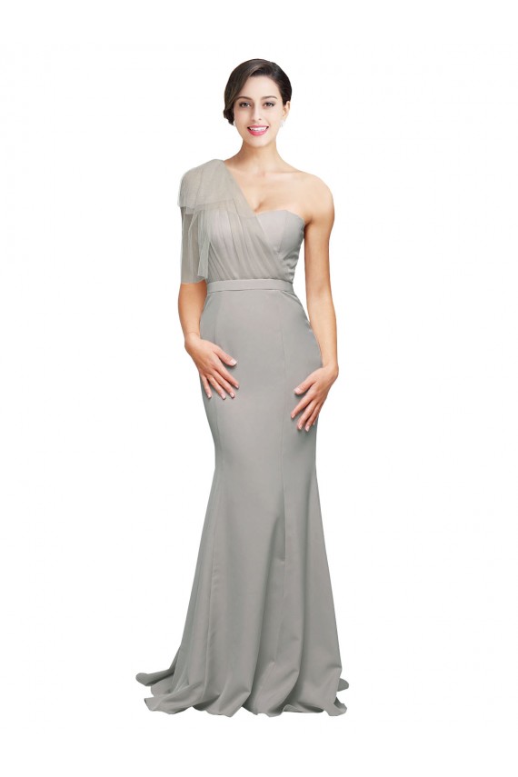 Best Long Sweep Train Sweetheart Crepe Prom Dress with Tulle One Shoulder