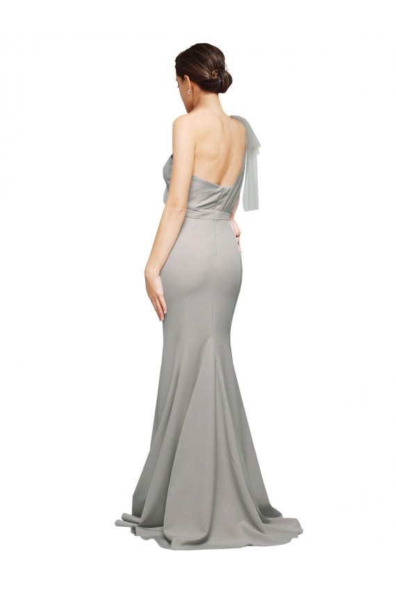 Best Long Sweep Train Sweetheart Crepe Prom Dress with Tulle One Shoulder