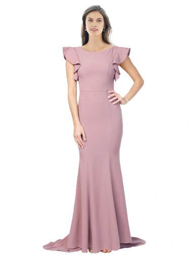 Best Flutter Sleeves Low V-Back High Round Neck Crepe Prom Dress