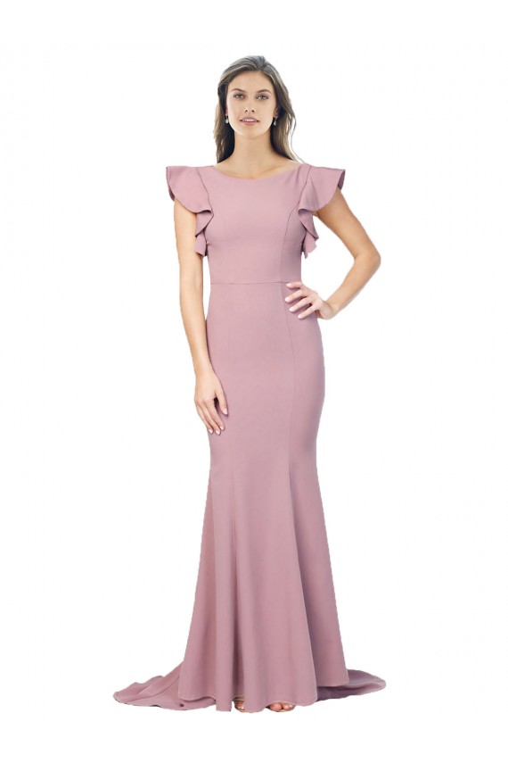Best Flutter Sleeves Low V-Back High Round Neck Crepe Prom Dress