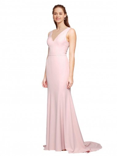 Best Deep V-Neckline and Back Long Sweep Train Crepe Prom Dress with Shoulder Straps