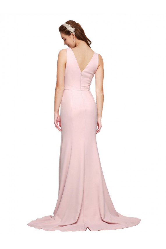 Best Deep V-Neckline and Back Long Sweep Train Crepe Prom Dress with Shoulder Straps