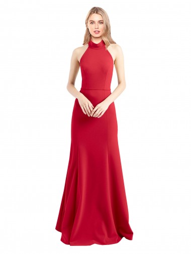 Best Sleek Fit and Flare High Neck Halter Stretch Crepe Prom Dress with Open Back