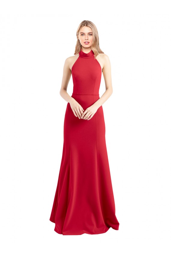 Best Sleek Fit and Flare High Neck Halter Stretch Crepe Prom Dress with Open Back