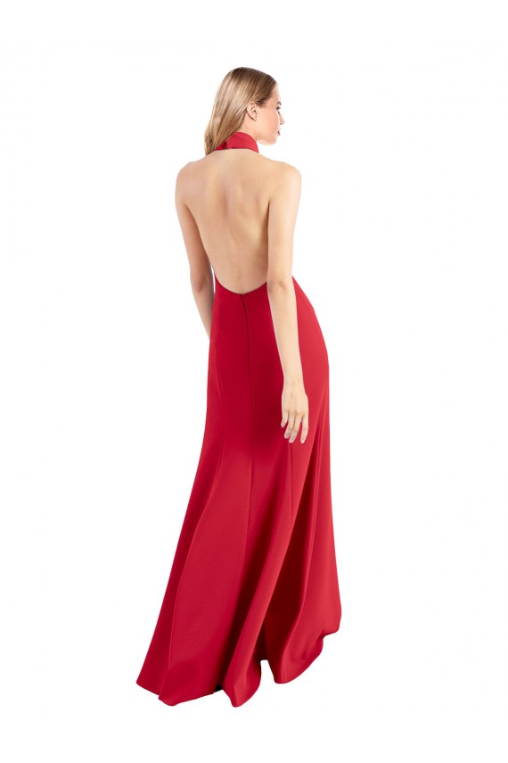 Best Sleek Fit and Flare High Neck Halter Stretch Crepe Prom Dress with Open Back