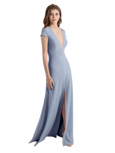 Best Plunging V-Neck Cap Sleeves Stretch Crepe Prom Dress with Front Slit