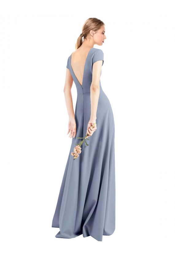 Best Plunging V-Neck Cap Sleeves Stretch Crepe Prom Dress with Front Slit