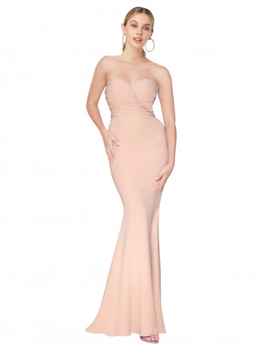 Best Sweetheart Shirred Neck Long Floor Length Crepe Prom Dress
