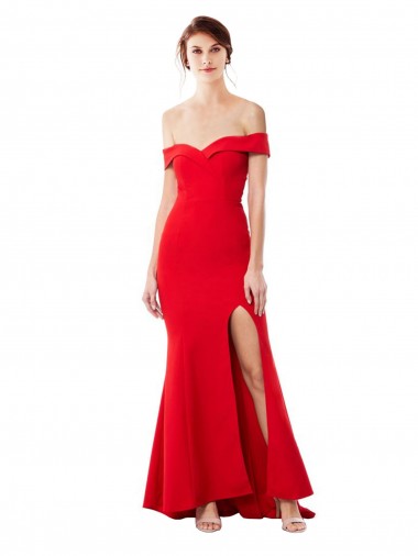 Best Off the Shoulder Sweetheart Maxi Crepe Prom Dress With Thigh Split and Train