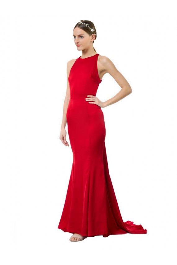 Best High Neck Mermaid Open Back Crepe Maxi Prom Dress with Train Detail