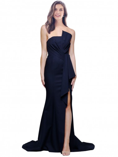 Best Long Strapless Sweep Train Low Back Crepe Prom Dress