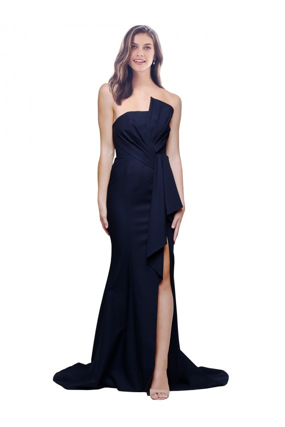Best Long Strapless Sweep Train Low Back Crepe Prom Dress