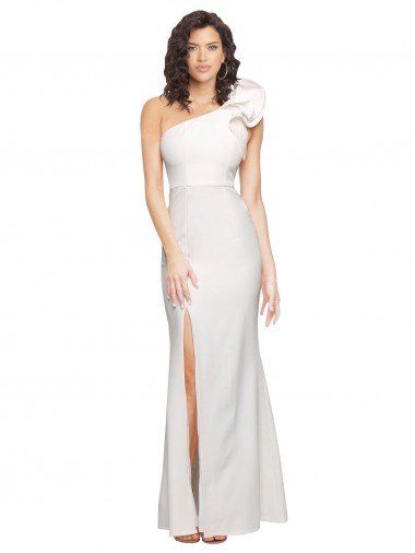 Best One Shoulder Long Full Length Crepe Prom Dress with Ruffles and Side Split