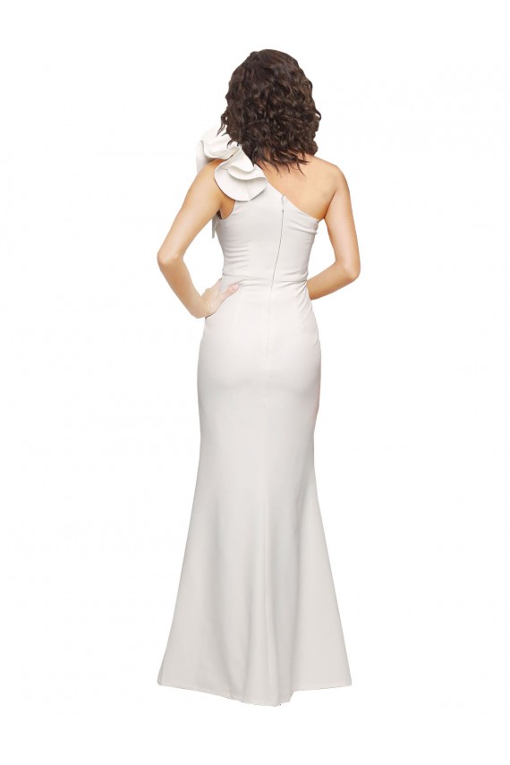 Best One Shoulder Long Full Length Crepe Prom Dress with Ruffles and Side Split