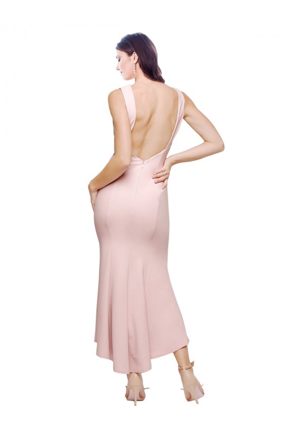 Best High Neck Low V-Back Midi Length Crepe Cocktail Dress / Prom Dress