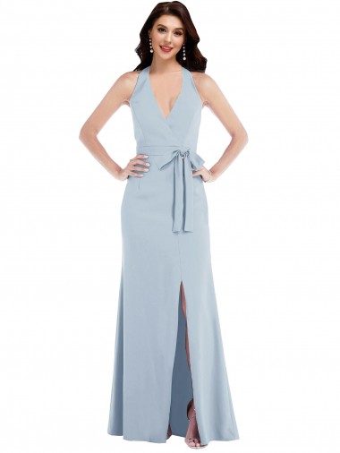 Best Open Back Halter Maxi Crepe Prom Dress with Draped Bow