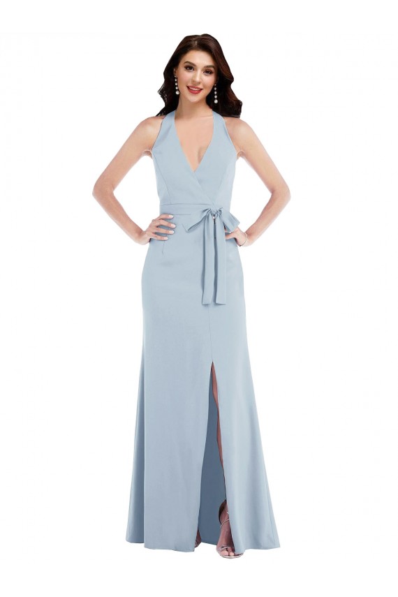 Best Open Back Halter Maxi Crepe Prom Dress with Draped Bow