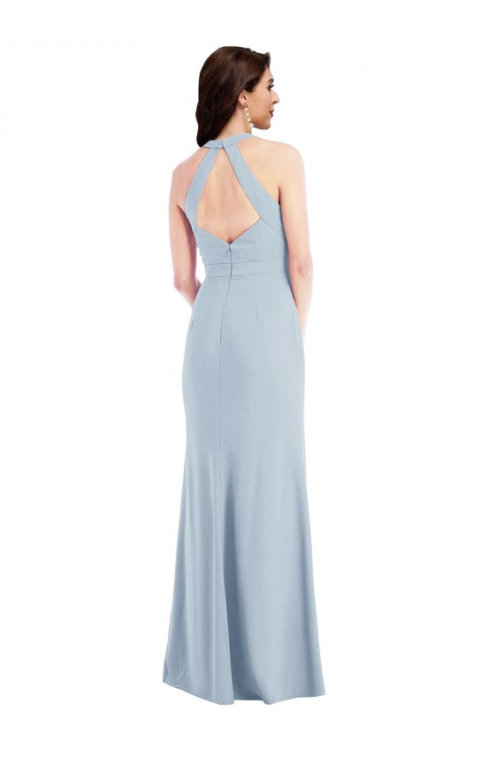 Best Open Back Halter Maxi Crepe Prom Dress with Draped Bow