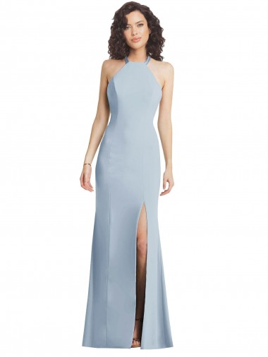 Best High Neck Halter Crepe Prom Dress with Twist Criss Cross Back