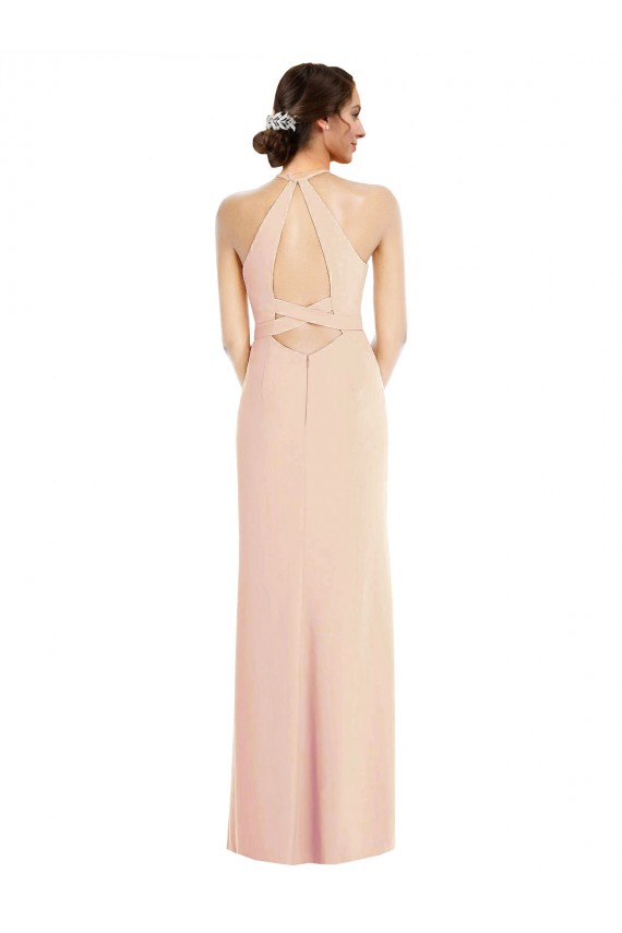 Best Halter Criss Cross Cutout Back Maxi Crepe Prom Dress