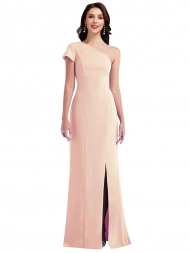 Best One Shoulder Cap Sleeves Trumpet Crepe Prom Dress with Front Slit