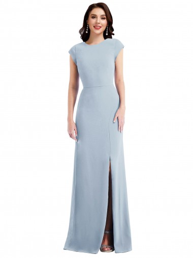 Best Cap Sleeve Open Back Trumpet Crepe Prom Dress with Front Slit