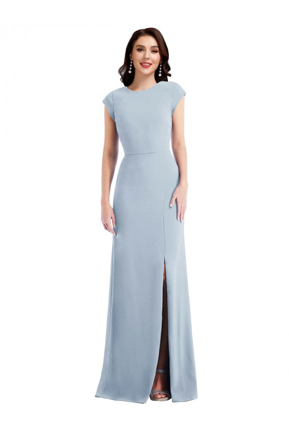 Best Cap Sleeve Open Back Trumpet Crepe Prom Dress with Front Slit