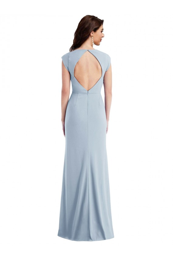 Best Cap Sleeve Open Back Trumpet Crepe Prom Dress with Front Slit