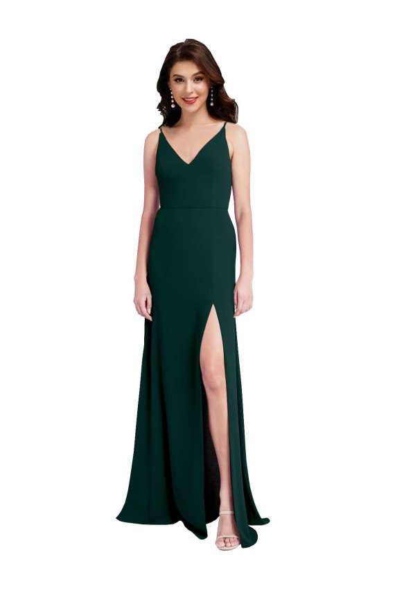 Best Slim A-Line V-Neck Full Length Crepe Prom Dress with Side Slit