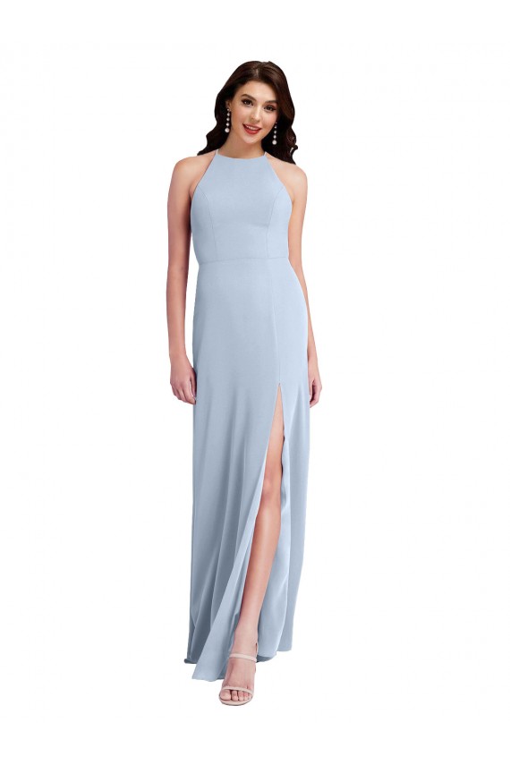 Best Fit and Flare High Neck Crepe Prom Dress with Side Slit