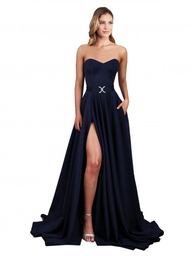 Best Sweetheart Neckline Low Back Long Crepe Prom Dress with High Leg Spit & Pockets