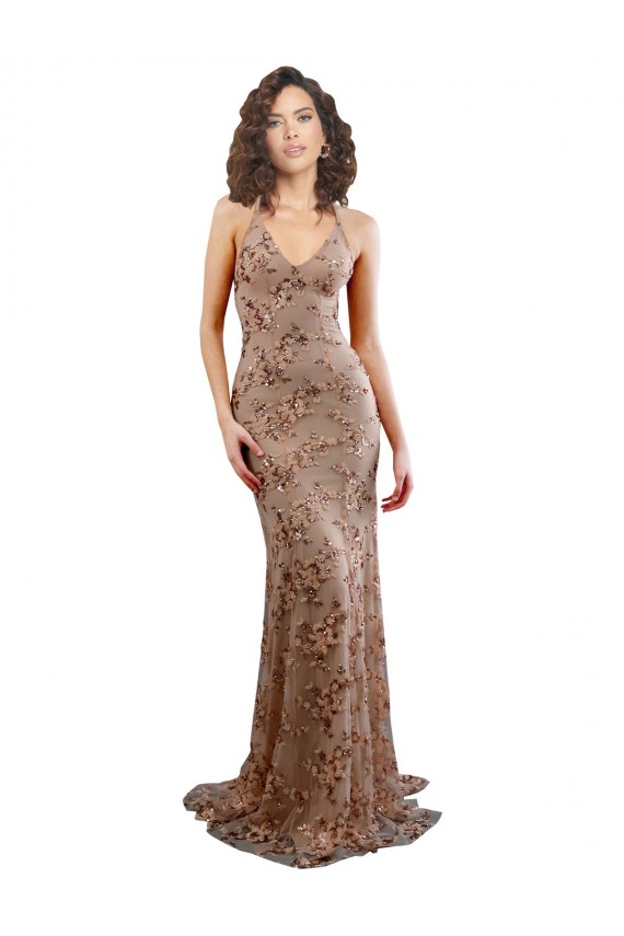Best Floral Patterned Backless V-Neckline Sequin Prom Dress