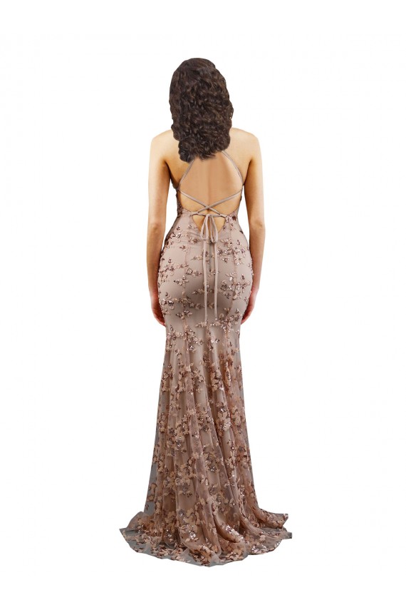 Best Floral Patterned Backless V-Neckline Sequin Prom Dress
