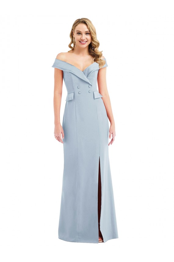 Best Off the Shoulder Tuxedo Maxi Prom Dress with Front Slit