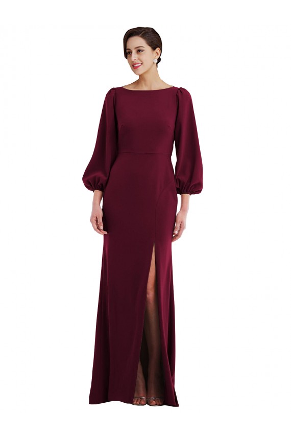 Best Bishop Sleeve Open Back Trumpet Crepe Prom Dress with Scarf Tie