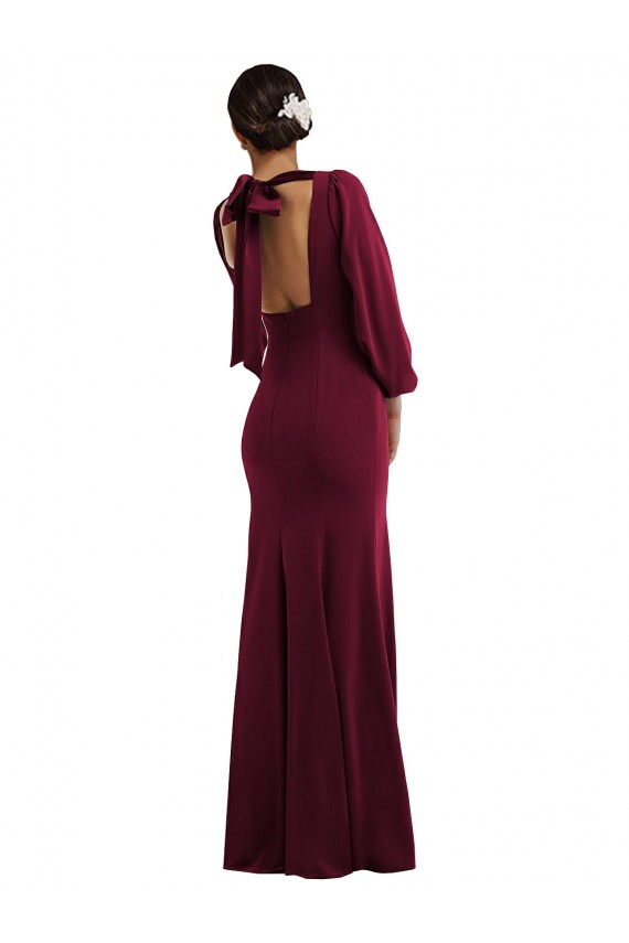 Best Bishop Sleeve Open Back Trumpet Crepe Prom Dress with Scarf Tie
