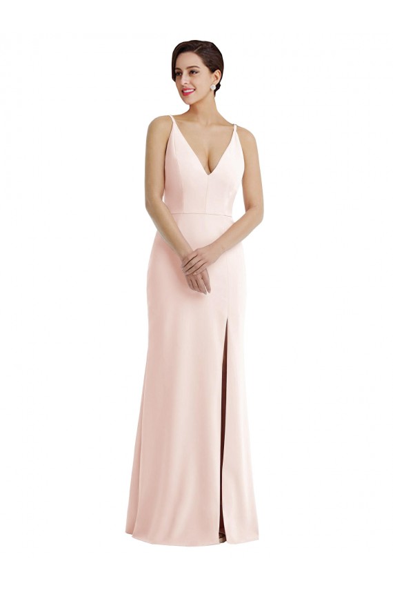 Best Skinny Strap Deep V-Neck Trumpet Crepe Prom Dress with Front Slit