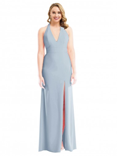 Best Plunge Neck Halter Backless Trumpet Prom Dress with Front Slit