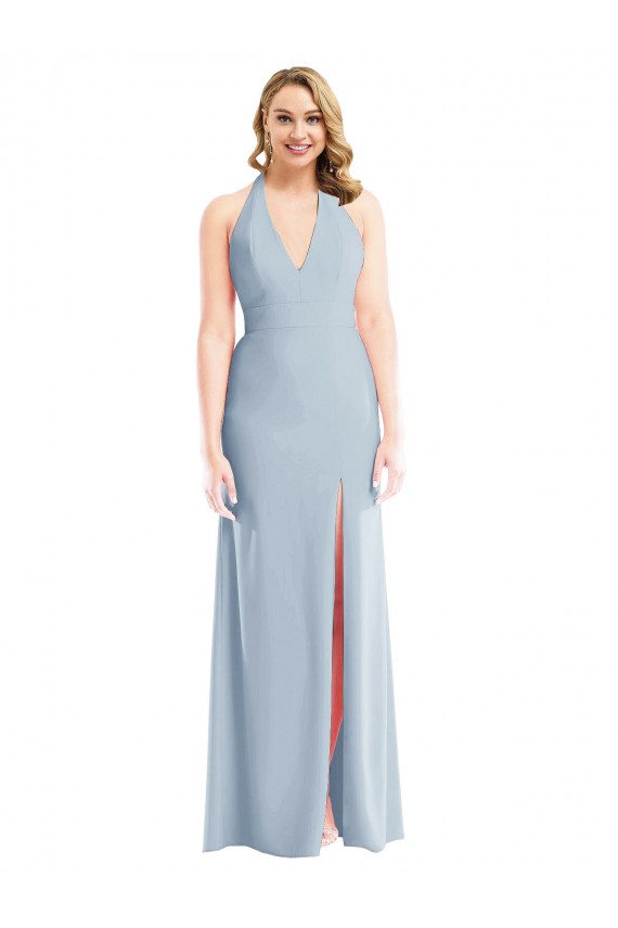Best Plunge Neck Halter Backless Trumpet Prom Dress with Front Slit