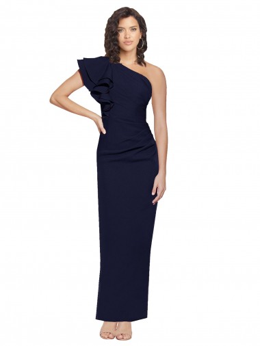 Best Ruched Floor Length Long Crepe Prom Dress with Shoulder Ruffles