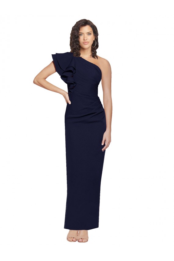 Best Ruched Floor Length Long Crepe Prom Dress with Shoulder Ruffles