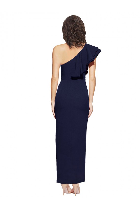 Best Ruched Floor Length Long Crepe Prom Dress with Shoulder Ruffles